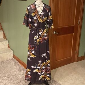 Madewell Floral Wrap Maxi Dress - Black with Yellow and Red, Size M